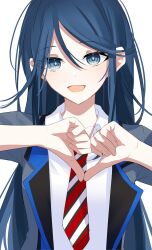 Rule 34 | 1girl, :d, blazer, blue eyes, blue hair, blue jacket, collared shirt, dot nose, hair between eyes, hands up, heart, heart hands, highres, hoshino ichika (project sekai), jacket, long hair, looking at viewer, necktie, open clothes, open jacket, open mouth, project sekai, red necktie, ritzchrono, school uniform, shirt, sidelocks, simple background, smile, solo, straight hair, upper body, white background, white shirt