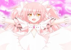 Rule 34 | 10s, 1girl, dress, gloves, hair ribbon, kagerou (kers), kaname madoka, kers, long hair, mahou shoujo madoka magica, mahou shoujo madoka magica (anime), open mouth, outstretched arms, pink hair, ribbon, smile, solo, two side up, ultimate madoka, white dress, yellow eyes