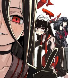 Rule 34 | 4girls, :/, antenna hair, black choker, black gloves, black hair, black sailor collar, black serafuku, black skirt, blood, blood on clothes, blue archive, blush, breasts, choker, closed eyes, closed mouth, commentary request, gloves, go d e, gun, hair between eyes, halo, hasumi (blue archive), highres, holding, holding gun, holding weapon, ichika (blue archive), korean commentary, leaning forward, long hair, long sleeves, looking at viewer, mashiro (blue archive), medium breasts, melting halo, mole, mole under eye, multiple girls, neckerchief, open mouth, parted lips, pleated skirt, red eyes, red halo, red neckerchief, sailor collar, school uniform, serafuku, short hair, skirt, smile, standing, teeth, tsurugi (blue archive), v, very long hair, weapon, white background