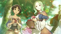 Rule 34 | 10s, 2girls, :d, apple, atelier (series), atelier escha &amp; logy, basket, brown hair, building, clone (atelier), collarbone, day, dress, female focus, food, fruit, game cg, green eyes, grin, hat, hidari (left side), holding, holding food, holding fruit, house, lens flare, long hair, long sleeves, multiple girls, nio altugle, official art, open mouth, outdoors, parted lips, short hair, sleeve cuffs, smile, swept bangs, tree, wide sleeves, yellow eyes