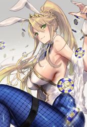 Rule 34 | 1girl, ahoge, animal ears, armpits, artoria pendragon (all), artoria pendragon (fate), artoria pendragon (swimsuit ruler) (fate), bare shoulders, blonde hair, blue necktie, blue pantyhose, braid, breasts, closed mouth, clothing cutout, commentary request, crown, detached collar, fake animal ears, fate/grand order, fate (series), fishnet pantyhose, fishnets, french braid, gradient background, green eyes, grey background, hair between eyes, highres, katase bono, large breasts, leotard, long hair, looking at viewer, navel cutout, necktie, pantyhose, playboy bunny, poker chip, ponytail, rabbit ears, sidelocks, sitting, solo, swept bangs, thighs, tiara, white leotard