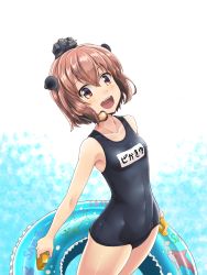 Rule 34 | 1girl, :d, bare arms, bare shoulders, blue background, blue one-piece swimsuit, blush, breasts, brown eyes, brown hair, collarbone, competition school swimsuit, covered navel, cowboy shot, frills, hair between eyes, headgear, highres, holding, holding swim ring, innertube, kantai collection, kyou (tr-6), looking at viewer, name tag, one-piece swimsuit, open mouth, round teeth, school swimsuit, short hair, skin tight, small breasts, smile, solo, standing, swim ring, swimsuit, tareme, teeth, thighs, upper teeth only, yukikaze (kancolle)