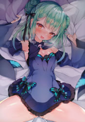 Rule 34 | 1girl, absurdres, animal print, blue dress, blue hair, blue sleeves, blush, bow, breasts, breath, brooch, butterfly print, cowboy shot, detached collar, detached sleeves, double bun, dress, dress bow, earrings, gradient hair, green hair, hair bun, hair ribbon, heavy breathing, highres, hololive, huge filesize, jewelry, juliet sleeves, long sleeves, lying, microdress, multicolored hair, niku (hamuchang), on back, on bed, open mouth, puffy sleeves, pussy juice, red eyes, ribbon, short hair, sidelocks, skull earrings, small breasts, smile, solo, spread legs, strapless, strapless dress, uruha rushia, uruha rushia (1st costume), virtual youtuber, wide sleeves