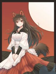 Rule 34 | 1girl, animal ears, blush, breasts, brooch, brown hair, closed mouth, collarbone, dress, hair between eyes, hanafuda, highres, imaizumi kagerou, jewelry, large breasts, long hair, long sleeves, red dress, red eyes, smile, solo, tail, touhou, white dress, wolf ears, wolf tail, yudepii