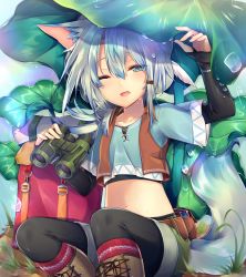 Rule 34 | 1boy, animal ears, aqua eyes, aqua hair, bag, belt pouch, binoculars, blue shirt, book, boots, brown footwear, brown vest, collarbone, commentary, commentary request, crop top, cross-laced footwear, dog ears, dog tail, fang, green shorts, half-closed eye, highres, holding, kneehighs, lace-up boots, layered clothes, leaf, leaf on head, leeannpippisum, leggings, male focus, medium hair, midriff, navel, one eye closed, open mouth, original, pouch, rain, red socks, shirt, shorts, sitting, sleeves past wrists, socks, solo, symbol-only commentary, tail, undershirt, vest, water drop, wet