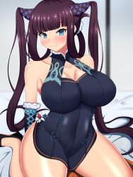 Rule 34 | 1girl, bare shoulders, black dress, blue eyes, blunt bangs, blush, breasts, china dress, chinese clothes, cleavage, closed mouth, detached sleeves, dress, fate/grand order, fate (series), hair ornament, highres, large breasts, long hair, looking at viewer, purple hair, side slit, sidelocks, sitting, smile, thighs, tokuchukancoll, twintails, very long hair, wariza, yang guifei (fate), yang guifei (second ascension) (fate)