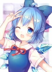 Rule 34 | 1girl, :3, ahoge, arm up, blue bow, blue dress, blue hair, blue wings, blurry, blurry background, blush, bow, cirno, coa (chroo x), commentary request, depth of field, detached sleeves, detached wings, dress, hair bow, ice, ice wings, long hair, one eye closed, open mouth, red neckwear, shirt, short hair, short sleeves, sleeveless, sleeveless dress, smile, solo, touhou, upper body, very long hair, white shirt, wings