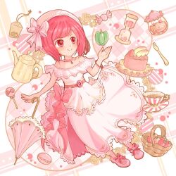 Rule 34 | 1girl, arima kana, basket, beret, bob cut, bracelet, cake, candy, closed mouth, dress, flower, food, fork, fruit, full body, happy, hat, hat ribbon, highres, hourglass, inverted bob, jewelry, lace, lace trim, looking to the side, n yurikun, necklace, oshi no ko, pink dress, pink footwear, pink headwear, pink ribbon, red eyes, red hair, ribbon, short hair, smile, strawberry, sweets, teabag, teapot, umbrella