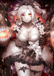 Rule 34 | 1girl, abyssal ship, breasts, cannon, colored skin, dress, drill hair, flower armlet, kantai collection, large breasts, new light cruiser princess, orange eyes, rigging, rui shi (rayze ray), short dress, sidelocks, solo, thighhighs, turret, twin drills, twintails, white hair, white skin, white thighhighs