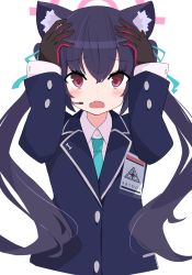 Rule 34 | 1girl, animal ear fluff, animal ears, aqua necktie, black gloves, black hair, blue archive, blue suit, blush, buttoned cuffs, buttons, cat ears, commentary, covering own ears, cropped torso, earpiece, fang, formal, gloves, halo, hands on own head, highres, id card, long hair, long sleeves, looking at viewer, memoi, necktie, open mouth, red eyes, red gloves, serika (blue archive), shirt, simple background, skin fang, solo, suit, twintails, two-tone gloves, upper body, white background, white shirt