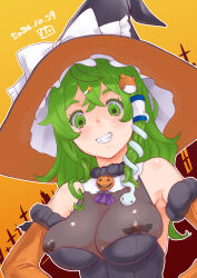 1girl bare_shoulders breasts dated detached_sleeves green_eyes green_hair hair_ornament halloween halloween_costume hat highres kei_jiei kochiya_sanae large_breasts pumpkin see-through_clothes smile touhou witch_hat