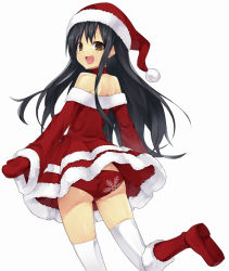 Rule 34 | 1girl, ass, bare shoulders, black hair, boots, brown eyes, character request, choker, dress, dungeons &amp; princess, hat, knee boots, long hair, looking back, mittens, panties, red mittens, santa costume, santa hat, smile, solo, standing, standing on one leg, thighhighs, torimaru, underwear