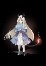 Rule 34 | 1girl, absurdres, arknights, black background, black footwear, blue dress, blue eyes, blue flower, bouquet, closed mouth, commentary request, dragon girl, dragon horns, dragon tail, dress, drop shadow, flame-tipped tail, flower, full body, grey hair, highres, horns, loafers, long hair, long sleeves, looking away, pantyhose, puffy long sleeves, puffy sleeves, reed (arknights), shoes, sleeves past wrists, solo, standing, tail, twitter username, very long hair, white pantyhose, z4 zzai