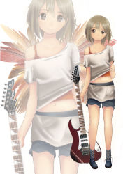 Rule 34 | 1girl, boots, brown eyes, brown hair, casual, clothes lift, female focus, guitar, highres, hirasawa yui, instrument, k-on!, midriff, navel, shirt lift, short hair, smile, solo, standing, white background, wings, yue shu ya, zoom layer