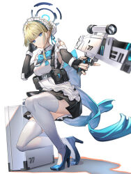 Rule 34 | 1girl, absurdres, al guang, apron, ass, assault rifle, black gloves, blonde hair, blue archive, blue bow, blue bowtie, blue eyes, blue footwear, blue halo, bow, bowtie, braid, breasts, bullpup, bun cover, caseless firearm, closed mouth, fingerless gloves, frilled apron, frills, full body, gloves, gun, h&amp;k g11, hair bun, halo, high heels, highres, holding, holding gun, holding weapon, looking at viewer, maid, maid apron, maid headdress, medium breasts, rifle, short hair, simple background, single hair bun, solo, thighhighs, toki (blue archive), weapon, white apron, white background, white thighhighs