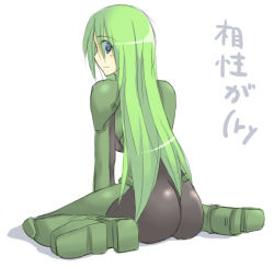 Rule 34 | 1girl, armored core, armored core: for answer, ass, back, blue eyes, bodysuit, female focus, from software, green hair, may greenfield, ment, solo, white background