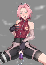 Rule 34 | 1girl, anal beads, bare shoulders, beads, bike shorts, blush, breasts, censored, clothing cutout, crotchless, double penetration, embarrassed, female focus, gloves, gozaru, grabbing own breast, green eyes, grey background, groin, haruno sakura, headband, heart, heart censor, heart cutout, highres, konohagakure symbol, legs, looking at viewer, naruto (series), nipple cutout, nipple piercing, nippleless clothes, nipples, no panties, object insertion, open mouth, piercing, pink hair, pussy, pussy juice, scroll, grabbing own breast, sex toy, short hair, simple background, small breasts, smile, solo, spread legs, spread pussy, squatting, steaming body, thighs, vaginal, vaginal object insertion, zipper