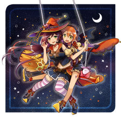 Rule 34 | 10s, 2girls, broom, broom riding, cape, crescent moon, green eyes, halloween, hat, headset, horns, hoshizora rin, long hair, love live!, love live! school idol festival, love live! school idol project, moon, multiple girls, multiple riders, open mouth, orange hair, pinstripe pattern, purple hair, short hair, smile, striped clothes, striped legwear, striped thighhighs, thighhighs, tojo nozomi, twintails, witch hat, yutsuka (amyucca)