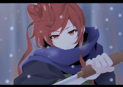 Rule 34 | 1girl, absurdres, brown hair, commentary request, highres, holding, holding sword, holding weapon, japanese clothes, kimono, letterboxed, long hair, looking at viewer, ma-yu, night, red eyes, scarf, snow, solo, sword, upper body, weapon, white hair, yuugiri (zombie land saga), zombie land saga
