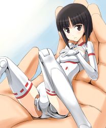 Rule 34 | 10s, 1girl, asuka (busou shinki), black eyes, black hair, blunt bangs, blush, bob cut, breasts, busou shinki, cleavage cutout, clothing cutout, doll joints, gloves, grey eyes, hand on breast, hand on own chest, holding, in palm, joints, knees up, leotard, light smile, looking at viewer, lying, medium breasts, mini person, minigirl, on back, parted bangs, pov, ribbon-trimmed legwear, ribbon trim, short hair, smile, solo focus, thighhighs, tora (huuunnji), white thighhighs
