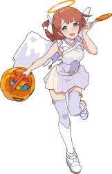 Rule 34 | 1girl, angel, artist request, bare shoulders, belt, blue eyes, blush, boots, braid, braided ponytail, breasts, brown hair, candy, choker, corinna (world flipper), covered navel, female focus, food, frilled shirt, frills, full body, grey thighhighs, hair ornament, hairclip, half-closed eyes, halloween, halloween bucket, halloween costume, halo, hand up, happy, highres, holding, holding candy, holding food, holding lollipop, knee boots, leg up, lollipop, long hair, looking at viewer, miniskirt, non-web source, official art, open mouth, pleated skirt, shirt, sidelocks, simple background, skirt, sleeveless, sleeveless shirt, small breasts, smile, solo, standing, standing on one leg, thighhighs, transparent, transparent background, white choker, white footwear, white shirt, white skirt, white wings, wings, world flipper, zettai ryouiki