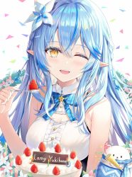 Rule 34 | 1girl, bare arms, birthday cake, blue bow, blue bowtie, blue hair, bow, bowtie, braid, breasts, cake, commentary request, confetti, daifuku (yukihana lamy), elf, fangs, flower, food, french braid, fruit, hair between eyes, hair flower, hair ornament, half updo, happy birthday, highres, holding, holding spoon, hololive, long hair, looking at viewer, medium breasts, one eye closed, open mouth, pointy ears, rin yuu, shirt, sidelocks, sleeveless, sleeveless shirt, solo, spoon, strawberry, virtual youtuber, white background, white shirt, yellow eyes, yukihana lamy