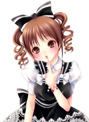 Rule 34 | 1girl, bad id, bad pixiv id, blush, bow, bracelet, brown eyes, brown hair, dress, drill hair, female focus, jewelry, lace, lips, momoi komomo, original, ribbon, short twintails, simple background, solo, twintails