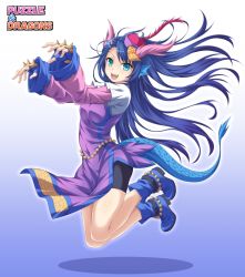 Rule 34 | 1girl, ankle boots, blue eyes, blue hair, boots, dragon girl, karin (p&amp;d), kyuutou (kyuutouryuu), long hair, puzzle &amp; dragons, thighhighs