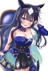 Rule 34 | 1girl, animal ears, belt, blue hair, breasts, capelet, cleavage, collar, commentary request, dark blue hair, hair ornament, highres, horse ears, horse girl, long hair, looking at viewer, medium breasts, mole, mole under eye, open mouth, pantyhose, rio (lio yuzu), simple background, solo, umamusume, verxina (umamusume), white background