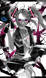 Rule 34 | 1girl, artist name, bare arms, bare shoulders, chest tattoo, goma irasuto, greyscale, hatsune miku, highres, holding, holding megaphone, looking at viewer, megaphone, monochrome, parted lips, partially colored, pink eyes, skirt, sleeveless, solo, tattoo, twintails, vocaloid