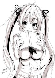 Rule 34 | 1girl, ahoge, blush, book, book to mouth, copyright request, dated, greyscale, hair ribbon, holding, holding book, long hair, long sleeves, looking at viewer, mokufuu, monochrome, neckerchief, ribbon, simple background, solo, twintails, twitter username, white background