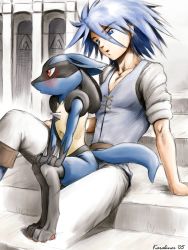 Rule 34 | 2005, 2boys, blue hair, blush, creatures (company), furry, furry male, furry with non-furry, game freak, gen 4 pokemon, highres, interspecies, karabiner, looking at another, lucario, male focus, multiple boys, nintendo, pokemon, pokemon: lucario and the mystery of mew, pokemon (creature), pokemon rse (anime), pokephilia, sir aaron, sir arlon, sitting, sitting on lap, sitting on person, yaoi