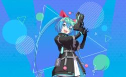 Rule 34 | + +, 1girl, animal ears, belt pouch, black gloves, black jacket, blue background, blue eyes, blue hair, cat ears, colorful palette, cowboy shot, fake animal ears, fangs, gloves, goggles, goggles on head, gun, hair between eyes, hatsune miku, head tilt, high collar, highres, holding, holding gun, holding weapon, jacket, long hair, looking at viewer, official art, open mouth, pouch, project sekai, smile, solo, triangle, twintails, very long hair, vocaloid, weapon, wonderlands x showtime (project sekai), wonderlands x showtime miku