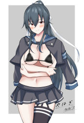 Rule 34 | 1girl, abataa, bikini, black bikini, black hair, black jacket, black thighhighs, border, breasts, cleavage, commission, cowboy shot, crossed arms, grey background, hair ribbon, highres, jacket, jacket on shoulders, kantai collection, large breasts, long hair, looking at viewer, micro bikini, miniskirt, navel, pleated skirt, ponytail, red eyes, ribbon, signature, simple background, single thighhigh, skeb commission, skirt, smile, solo, swimsuit, thighhighs, white border, white ribbon, yahagi (kancolle), yahagi kai ni (kancolle)