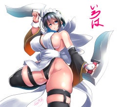 Rule 34 | 1girl, areola slip, bare shoulders, black hair, black thighhighs, breasts, butterfly swords, c.r., cleavage, covered erect nipples, fingerless gloves, gloves, green eyes, highres, iroha (samurai spirits), large breasts, maid, maid headdress, pelvic curtain, samurai spirits, shiny skin, short hair, sideboob, simple background, skindentation, solo, standing, thick thighs, thighhighs, thighs, white background