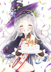 Rule 34 | 1girl, black capelet, black hairband, black headwear, blush, brown gloves, cake, capelet, choco donatsu, closed eyes, commentary, english commentary, facing viewer, food, gloves, grin, hair bun, hair ornament, hairband, happy birthday, hat, highres, holding, holding plate, hololive, long hair, midriff, murasaki shion, murasaki shion (1st costume), navel, plate, ribbon, shirt, silver hair, single hair bun, smile, solo, sparkle, striped clothes, striped shirt, upper body, vertical-striped clothes, vertical-striped shirt, virtual youtuber, witch hat