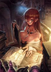Rule 34 | 1girl, bare shoulders, black dress, book, book stack, bottle, breasts, bridal gauntlets, brown hair, chain, chair, cleavage, collarbone, commentary request, cup, dress, fantasy, glasses, hair between eyes, highres, indoors, jewelry, kuroi susumu, large breasts, long hair, necklace, off shoulder, open book, original, parted lips, plant, pointy ears, reading, sidelocks, sitting, skull