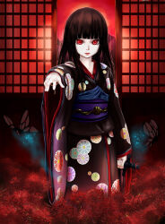 Rule 34 | 1girl, black hair, black kimono, blunt bangs, bug, butterfly, closed mouth, commentary request, enma ai, floral print kimono, flower, hime cut, holding, insect, japanese clothes, jigoku shoujo, kimono, long hair, long sleeves, looking at viewer, obi, outstretched arm, print kimono, red eyes, red flower, red lips, saikoro (et1312), sash, shouji, sliding doors, solo, spider lily, standing, straw doll, wide sleeves