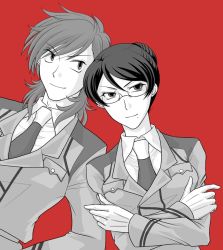 Rule 34 | 00s, 1boy, 1girl, bad id, bad pixiv id, closed mouth, crossed arms, expressionless, glasses, gundam, gundam 00, kati mannequin, looking at viewer, miyayoshi (bricola), monochrome, necktie, patrick colasour, red background, rimless eyewear, simple background, smirk, upper body