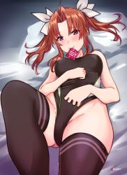 Rule 34 | 1girl, absurdres, ahoge, aiuti, alternate costume, black thighhighs, blush, breasts, brown hair, commentary request, competition swimsuit, condom, condom in mouth, condom wrapper, hair ribbon, highres, kagerou (kancolle), kagerou kai ni (kancolle), kantai collection, leotard, long hair, looking at viewer, lying, mouth hold, on back, one-piece swimsuit, purple eyes, ribbon, smile, solo, swimsuit, thighhighs, twintails, twitter username, white ribbon