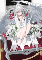 Rule 34 | 1girl, absurdres, angel wings, armchair, bare shoulders, barefoot, blush, bouquet, breasts, chair, cleavage, closed mouth, commentary request, dress, flower, grey hair, hair between eyes, highres, kamioka shun&#039;ya, knees up, looking at viewer, medium breasts, nail polish, on chair, original, painting (object), purple eyes, purple nails, rose, shiori (kamioka shun&#039;ya), solo, steepled fingers, toenail polish, toenails, white dress, white flower, white rose, wings