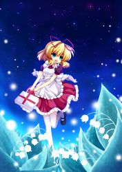 Rule 34 | 1girl, apron, aqua eyes, bad id, bad pixiv id, blonde hair, blush, bow, dress, female focus, first aid, first aid kit, flower, highres, kuromari (runia), lily of the valley, mary janes, medicine melancholy, shoes, sky, smile, solo, star (sky), starry sky, thighhighs, touhou, white thighhighs, zettai ryouiki