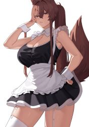 Rule 34 | 1girl, animal ears, breasts, brown eyes, brown hair, cleavage, fox ears, fox tail, franham, frills, highres, large breasts, long hair, maid, original, ponytail, simple background, solo, tail, unfinished, very long hair, white background, white wrist cuffs, wrist cuffs