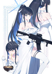 Rule 34 | 1girl, black hair, blue archive, blue eyes, blue hair, blue halo, blush, breasts, choker, chopsticks, cleavage, closed eyes, closed mouth, colored inner hair, dress, eating, elbow gloves, food, gloves, gun, halo, highres, holding, holding chopsticks, holding gun, holding weapon, large breasts, long hair, looking at viewer, matsumoto tomoyohi, multicolored hair, noodles, official alternate costume, ramen, saori (blue archive), saori (dress) (blue archive), solo, strapless, strapless dress, thighhighs, weapon, white choker, white gloves, white thighhighs