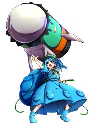 Rule 34 | &gt;:o, 1girl, :o, absurdres, baba (baba seimaijo), backpack, bag, blue eyes, blue hair, boots, cabbie hat, cucumber, d:, d:&lt;, full body, hair bobbles, hair ornament, hat, highres, huge weapon, kappa, kawashiro nitori, key, matching hair/eyes, missile, open mouth, pocket, pointing, pouch, rubber boots, shouting, skirt, skirt set, solo, touhou, transparent background, two side up, v-shaped eyebrows, vest, weapon, | |
