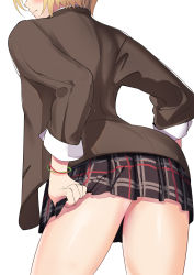 Rule 34 | 1girl, black hair, blonde hair, commentary, expressionless, from behind, from below, highres, idolmaster, idolmaster shiny colors, plaid, plaid skirt, saijo juri, schreibe shura, short hair, skirt, skirt grab, solo, thighs, white background