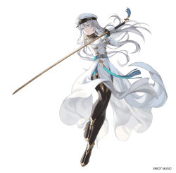 Rule 34 | 1girl, boots, commentary request, epaulettes, fringe trim, full body, gloves, grey eyes, grey hair, hat, high heel boots, high heels, highres, holding, holding sword, holding weapon, long hair, military uniform, peaked cap, reverse grip, riot music, solo, sumeragi miona, sword, thigh boots, tsuki-shigure, uniform, virtual youtuber, weapon, white background, white gloves