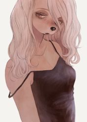 Rule 34 | 1girl, bare shoulders, black camisole, brown eyes, camisole, female focus, freckles, furry, furry female, grey hair, hair between eyes, highres, long hair, original, parted lips, sasanaco, simple background, solo, strap slip, upper body, white background