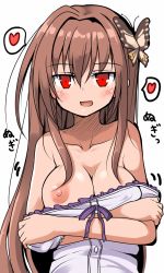 Rule 34 | 1girl, :d, bare shoulders, blush, breasts, brown hair, butterfly hair ornament, cleavage, collarbone, commentary request, hagi (oshiro project), hair ornament, large breasts, long hair, looking at viewer, nipples, one breast out, open mouth, oshiro project:re, oshiro project:re, red eyes, simple background, smile, solo, tsuzuri (tuzuri), undressing, upper body, white background