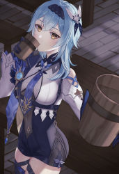 Rule 34 | 1girl, absurdres, bench, black hairband, blue gloves, blue hair, blue necktie, breasts, capelet, covered navel, cowboy shot, cup, drinking, eula (genshin impact), genshin impact, giving, gloves, hair ornament, hairband, highres, holding, holding cup, incoming drink, leotard, light blue hair, looking at viewer, medium breasts, medium hair, necktie, solo, table, thighhighs, thighs, vision (genshin impact), yellow eyes, yoimoriyoru